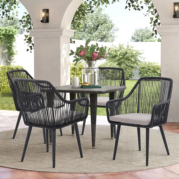 JOIVI Outdoor Patio Dining Chairs Set of 4, Woven Rattan Chairs with Armrest & Cushions Kitchen Wicker Dining Chairs with Iron Frame, Outdoor Seating for Outside, Lawn, Garden, Backyard, Indoor, Black