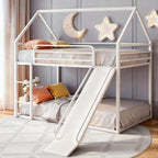 Bunk Bed with Slide for Kids,Bunk Bed Twin Over Twin, Metal Junior House Low Bunk Bed, Toddler Floor Bunk Beds Frame with Guardrail for Kids, Convertible Slide and Ladder Noise Free(New White)
