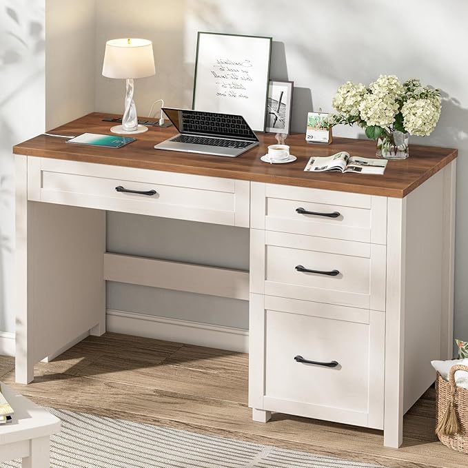 Vabches Farmhouse 47" Executive Desk with 4 Drawers, Computer Desk with File Drawer and Charging Station, Workstation for Home Office, Study.（Unique White）