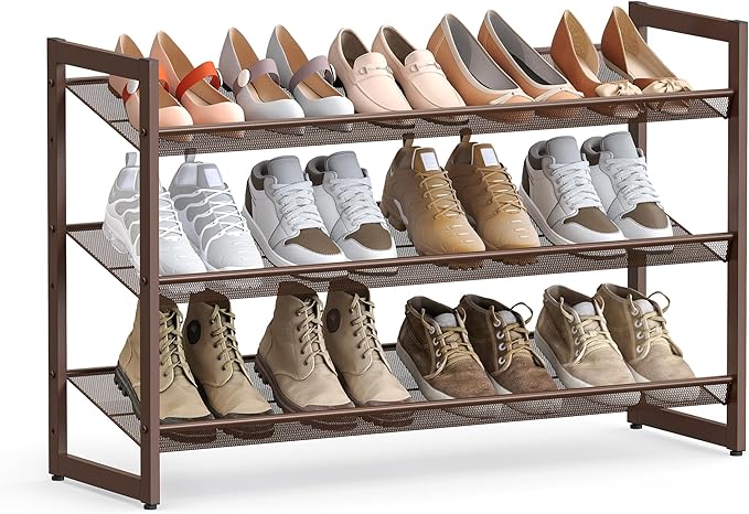 SONGMICS Shoe Rack, 3-Tier Shoe Organizer, Metal Shoe Storage for Garage, Stackable Shoe Shelf, with Adjustable Flat or Angled Shelves, 9-12 Pairs, Bronze ULMR03A