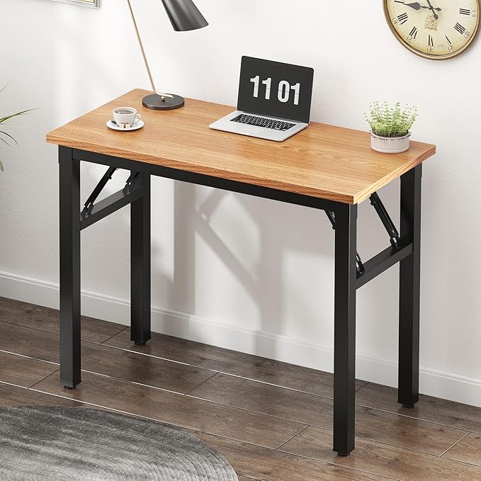 Need Folding Computer Desk - 31.5 Inch Foldable Office Writing Work Study Kids Student Teacher Home Bedroom Table for Small Space, Teak & Black