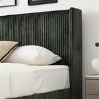 PINJU Twin Size Bed Frame, Upholstered Platform Bed with Modern Vertical Striped Wingback Headboard with Wooden Slats, Easy to Assemble No Noise Free (Green, Twin)