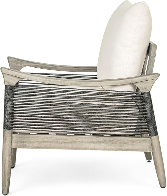 Christopher Knight Home Havets Patio Acacia Wood Club Chair with Woven Rope, Comfortable Outdoor Armchair, Water-Repellent Thick Cushion Deep Seating for Porch, Garden, Backyard, Balcony, Gray+Beige