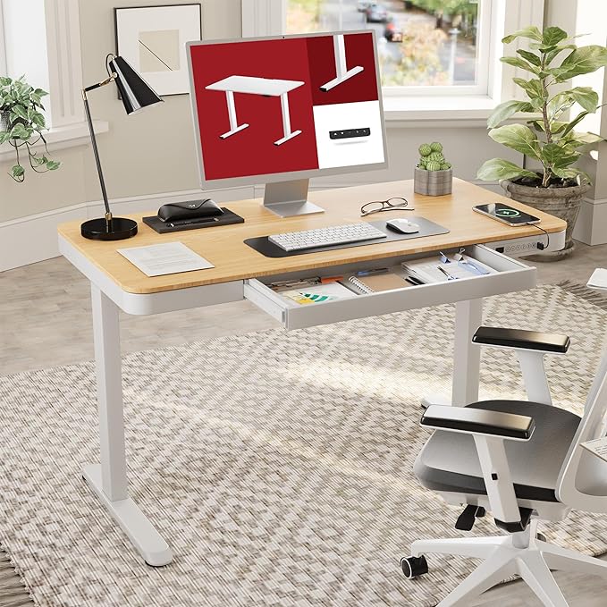 Standing Desk with Drawer, Electric Height Adjustable Home Office Desk with Storage & USB Ports, 48 inch Maple Wood Tabletop/White Frame