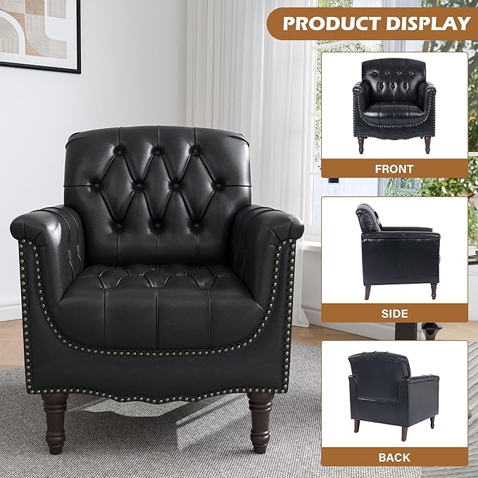 UIXE Faux Leather Accent Chair for Living Room, Tufted Arm Chair Retro Upholstered Club Armchair with Solid Wood Legs, Black Blue