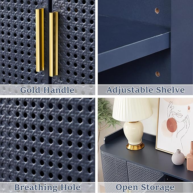 ORRD 4 Doors Storage Cabinet, 2 Tier Wooden Storage Organizer Cabinet with Adjustable Shelf, Sideboard Buffet Cabinets with Iron Curved Doors Accent Shoe Rack for Entryway Hallway Living Room (Blue)