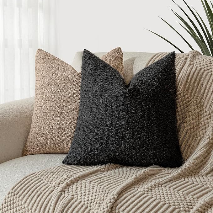 Foindtower Set of 2, Decorative Textured Boucle Throw Pillow Covers Accent Solid Pillow Cases Neutral Soft Cozy Couch Cushion Case for Chair Sofa Bedroom Living Room Home Decor 18 x 18 Inch Black