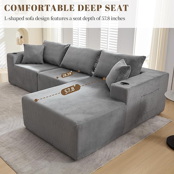 107" Cloud Sectional Couch, Modular Sectional Sofa with L-Shape Chaise, Corduroy Boneless Couch with Deep Seat, Upholstered Sofa for Living Room, No Assembly Required(Right-Facing Chaise, Dark Grey)