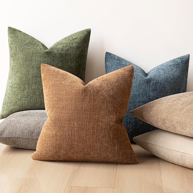 Foindtower Pack of 2 Soft Textured Chenille Throw Decorative Pillow Covers Square Accent Solid Cushion Cover Cozy Neutral Farmhouse Pillow Case for Couch Sofa Bedroom Living Room 22x22 Inch,Dark Green