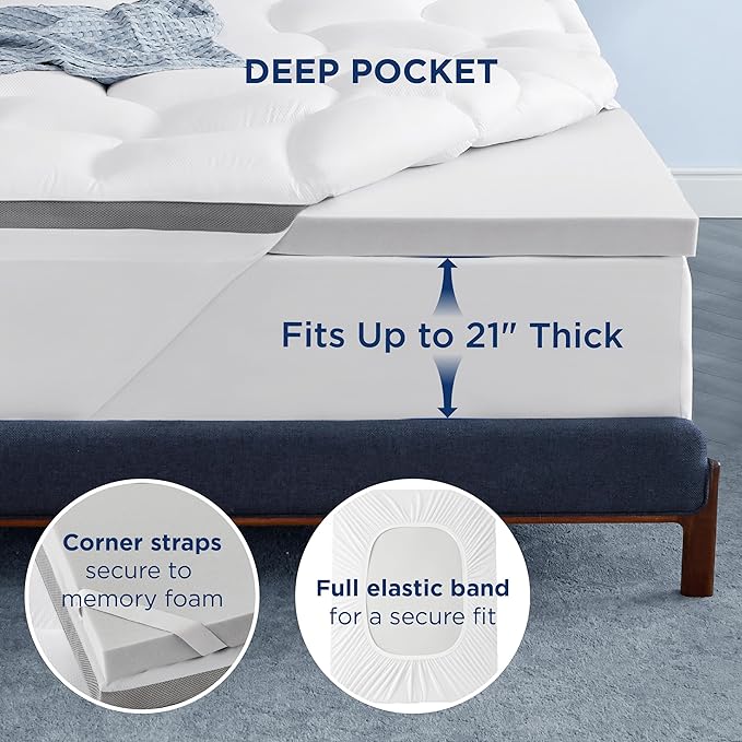 Bedsure 4 Inch Memory Foam Mattress Topper Full Size, Dual Layer 2.5 Inch Gel Memory Foam & 800 GSM Waterproof Pillow Top Cooling Mattress Pad with 8-21 Inch Deep Pocket