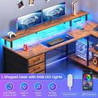 SEDETA L Shaped Desk with 4 Drawers and Storage Shelves, L Shaped Gaming Desk with LED Lights & Power Outlets, Computer Desk with Shelves & Drawer, Corner Desk Home Office Desk, Rustic Brown