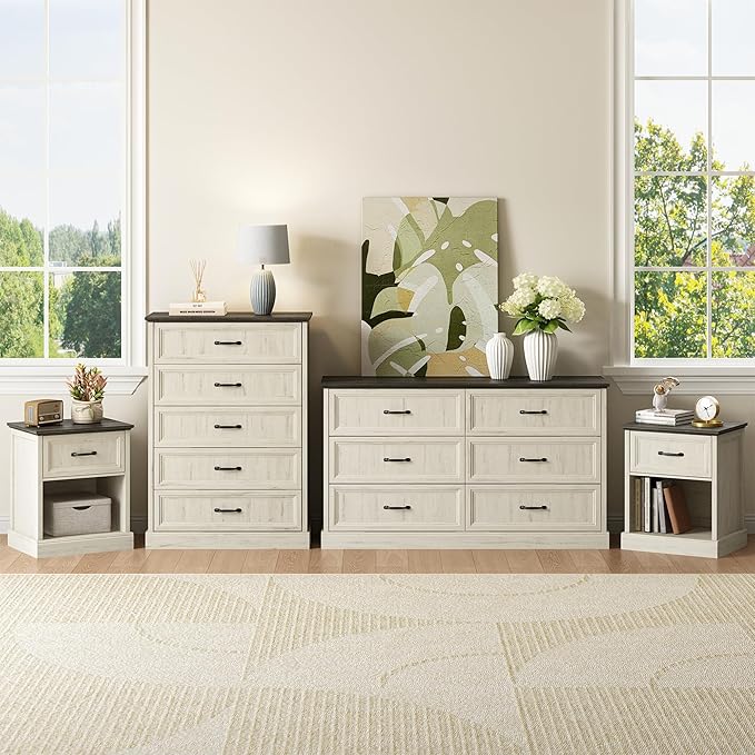 CARPETNAL Farmhouse Dresser and Nightstand Sets for Bedroom, 4 Pcs Bedroom Set, 5 Drawer & 6 Drawer Dresser and Nightstand Set of 2, Wood Chest of Drawers for Living Room, Entryway, White