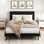 Full Size Platform Bed Frame with Velvet Upholstered Headboard, Full Bed Frame with Strong Wood Slats, Mattress Foundation, Box Spring Optional, Easy Assembly, Black