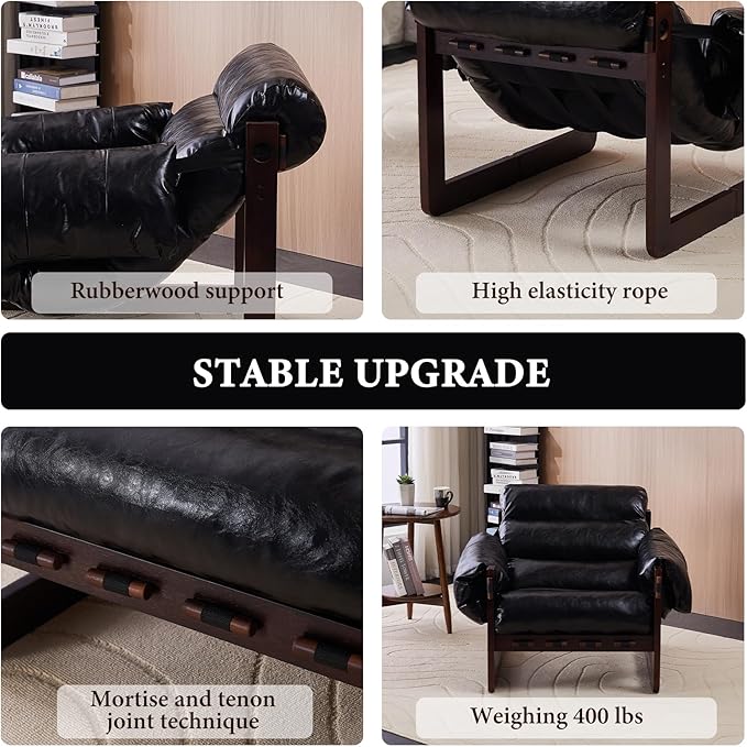 Furnilivng Modern Lounge Accent Chair, Comfortable Oil Waxed Leather Arm Chair with Sturdy Wood Frame, Upholstered Cozy Sofa Chair for Living Room, Bedroom, Dressing Room, Home Office, Black