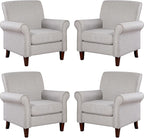 Prilinex Upholstered Living Room Chair Set of 4 - Large Comfy Fabric Accent Chair Single Sofa with Cushion, Rolled Armrest & Nailhead Trim, Mid Century Modern Armchair for Bedroom, Office, Grey