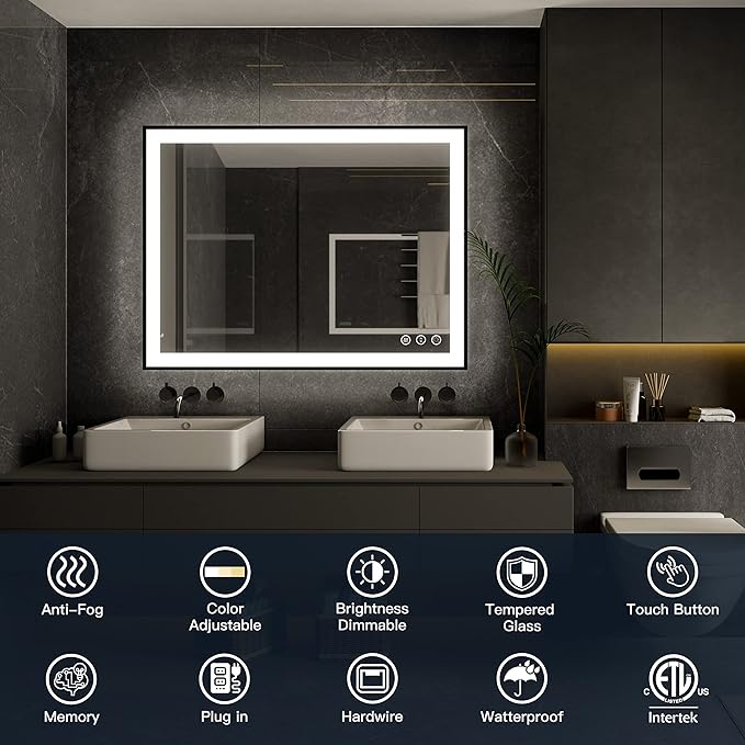 ISKM Framed LED Mirror for Bathroom 57"x36", Dimmable LED Bathroom Mirror with Lights, Anti-Fog, Front and Backlit Lighted Mirror 3-Colors, Shatterproof, Memory Function
