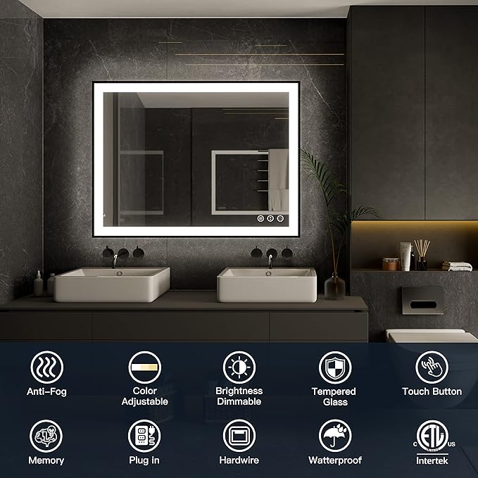 ISKM Framed LED Mirror for Bathroom 36"x36", Dimmable LED Bathroom Mirror with Lights, Anti-Fog, Front and Backlit Lighted Mirror 3-Colors, Shatterproof, Memory Function