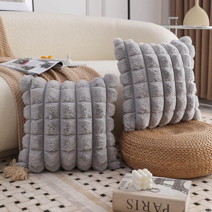 Neelvin Grey Faux Fur Cozy Soft Plaid Decorative Throw Pillow Covers 16x16 inch Set of 2,Velvet Pillowcase Cushion Case for Sofa Couch