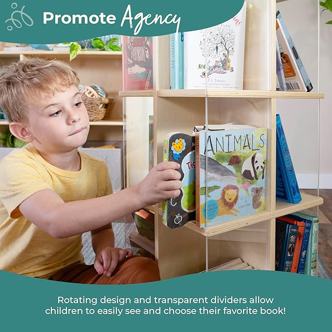 Guidecraft EdQ Kids Rotating Bookshelf: Natural Wood Revolving Bookcase - 360 Degree Spinning Book Shelf Tower with Acrylic Montessori Storage for Classroom, Bedroom and Playroom | Toy Organizer