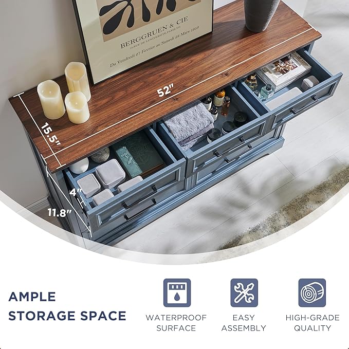 ACCOHOHO Farmhouse 9 Drawer Dresser for Bedroom, 36 Inch Tall Modern Dresser TV Stand with Large Drawers & Bar Handles, Rustic Wood Chest of Drawers for Bedroom, Living Room, Hallway, Blue