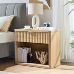 LEYAOYAO 31" Wide Fluted Nightstand with Charging Station, Oversized Extra Large 1 Drawer Night Stand with Golden Handle, Natural Wood Bedside Table Tall End Tables,for Bedroom, Living Room, Hallway