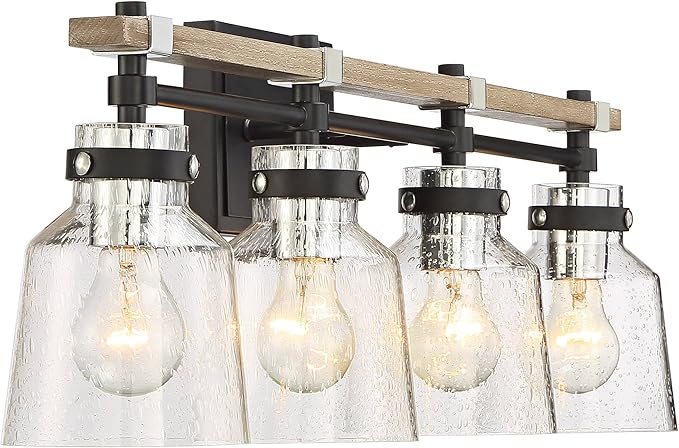 Possini Euro Design Broadway Modern Industrial Wall Light Black Painted Faux Wood Hardwired 32" 4-Light Fixture Clear Seedy Glass Shade for Bedroom Bedside Bathroom Vanity Living Room Hallway House