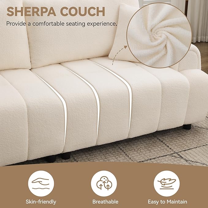 88 "Modern Boucle Sofa Couch, Oversized Comfy 3 Seater Sherpa Curved Sofas Deep Seat, Upholstered Loveseat Teddy Round Arm Couches for Living Room, Bedroom, Beige