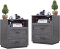 Night Stand Set of 2 with Charging Station, 25.8" Tall Wide Wood End Table with 2 Storage Drawers and Open Shelf, Mid Century Modern Bedside Table for Bedroom, Living Room, Gray