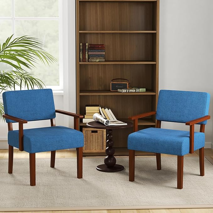 KOMFOTT Upholstered Accent Chair, Mid-Century Modern Armchair with Rubber Wood Frame, Linen Fabric Living Room Chair with Padded Seat & Backrest, Comfy Reading Chair for Bedroom, Waiting Room, Blue