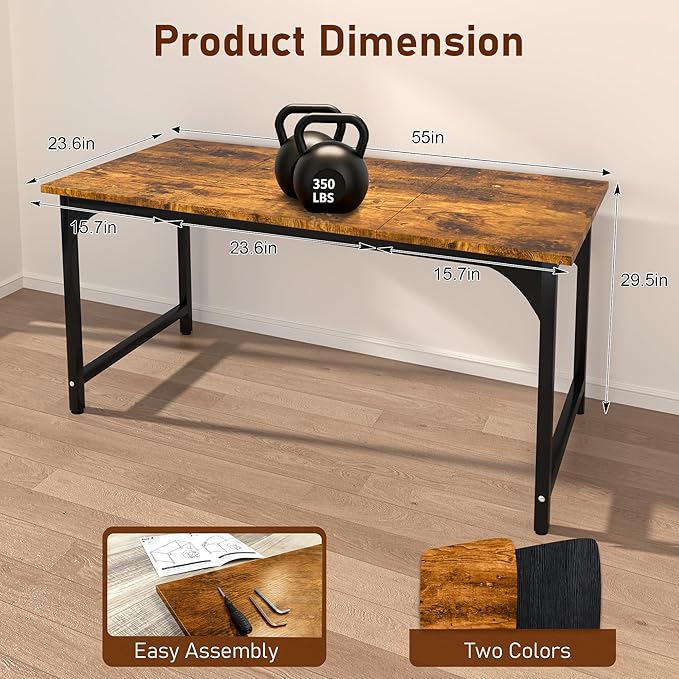 StarGraph Home Office Desks 55 Inch Large Office Desk with Sturdy Metal Frame Modern Computer Desk Gaming Study Writing Work from Home Desks, Rustic Brown