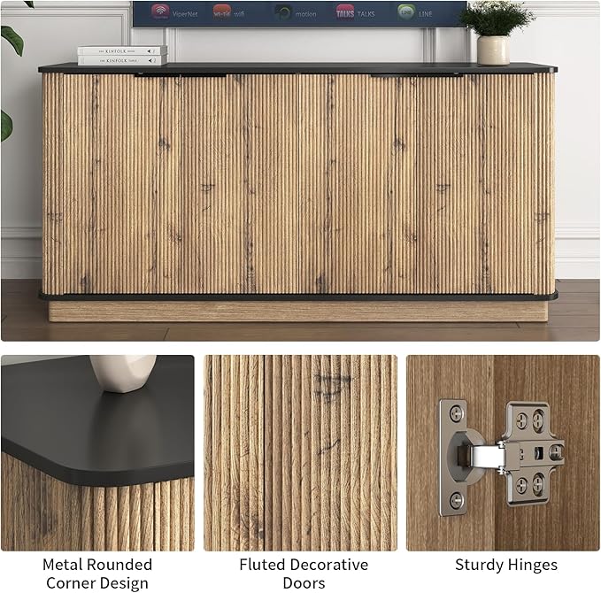 LKTART 55" Sideboard Buffet Cabinet with Storage, Wooden Fluted Storage Cabinet Sideboard with Adjustable Shelves Metal Rounded Corner for Kitchen Living Room (Natural)