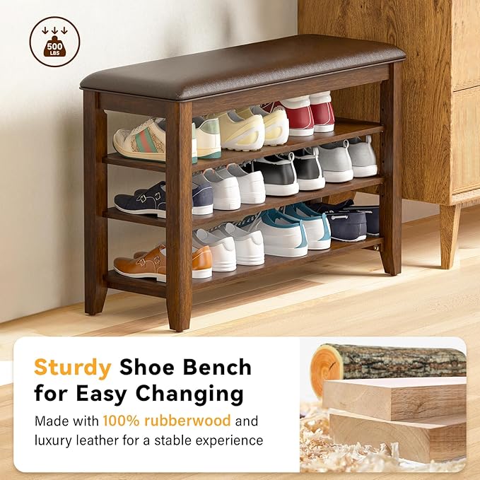 Shoe Rack Bench Entryway Storage with Leather Cushion, Shoe Organizer Bench for Entryway, Ideal for Front Doors Entrances Hallway Mudroom Featuring Rubberwood And 3 Height-Adjustable Removable Shelve