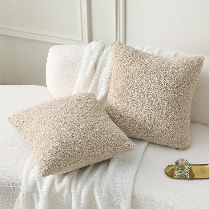 FUTEI Beige Throw Pillow Covers 26x26 Inch Set of 2,Furry Faux Fur Teddy Boucle Textured Cushion Covers,Soft Fluffy Decorative Euro Pillow Shams,Home Decor for Couch Bed Living Room Office Car