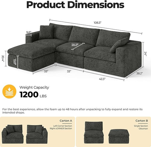 108.3" Cloud Sectional Couches for Living Room, L-Shape Couch with Ottoman, 3 Seater Modular Sectional Sofa with Deep Seats for Bedroom Office