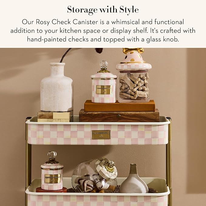 MACKENZIE-CHILDS Rosy Check Enamel Canister, Pink-and-White Kitchen Storage Container with Lid, Mini