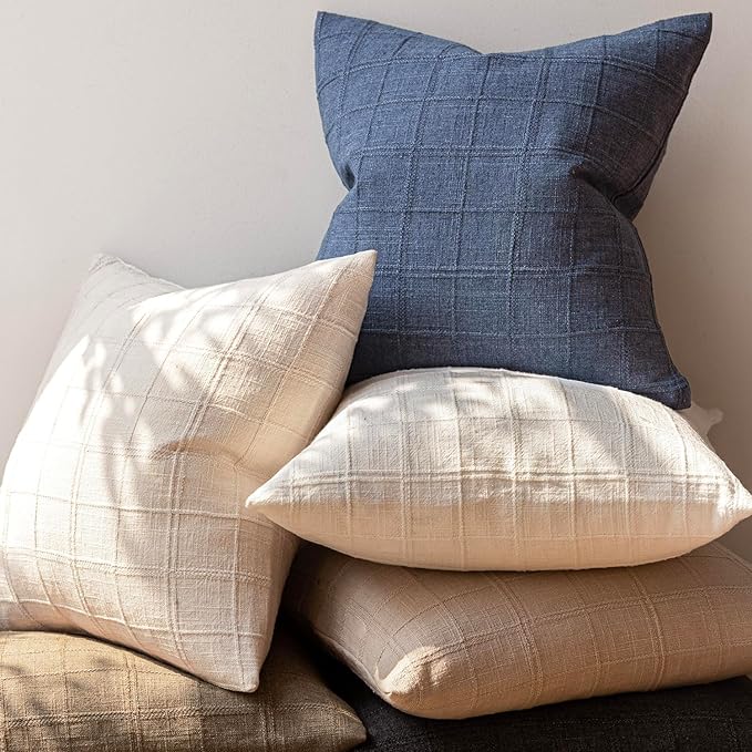 Foindtower Set of 2 Decorative Linen Check Throw Pillow Covers Neutral Long Body Lumbar Cushion Covers Farmhouse Vintage Home Decor for Sofa Chair Couch Bedroom Living Room,14×36 Inch,Blue