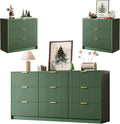 3-Piece Dresser Bedroom Set, 9 Drawer Dresser & 3 Drawer Nightstands with Gold Handles, Fluted Wood Chest of Drawers for Bedroom, Living Room, Entryway, Green
