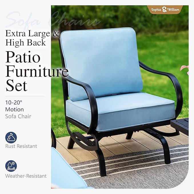 Sophia & William Patio Furniture Sets 5 Seats Outdoor Metal Conversation Sets 5 Pcs with 2 x Cushioned Swivel Sofa Chairs,1 x 3-Seat Sofa,2 x Ottomans for Coffee Lawn Backyard Poolside Blue