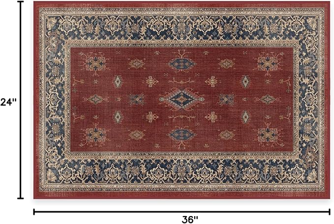 RUGGABLE Washable Vintage Area Rug – Verena Amber Red 2x3, Stain-Resistant, Non-Slip – Small Machine Washable Rugs for Living Room, Bedroom, Hallway, Entryway & Bathroom–with Cushioned Pad