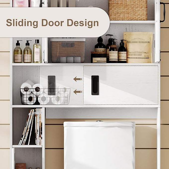 ChooChoo Over The Toilet Storage Cabinet, Farmhouse Bathroom Shelf Over Toilet with Adjustable Shelves, Above Toilet Storage Cabinet with Sliding Door for Bathroom, Laundry Room, White