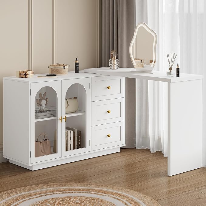 RoyalCraft L Shaped Home Office Desk, Large Extendable and Rotatable Desk with 3 Drawers and 2 Doors, Corner Computer Desk, Modern Study Writing Table for Bedroom, Home Office, White