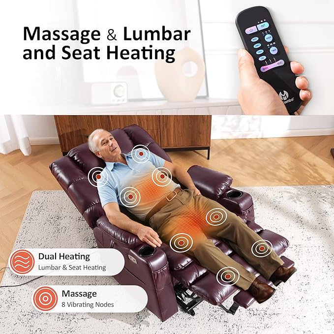 MCombo Large Triple Motor Power Lift Recliner Chair with Massage and Dual Heating, Adjustable Headrest for Tall Elderly People, Faux Leather 7634 (Wine, Large)