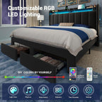 Allewie Velvet Vertical Tufted Full Size Upholstered Platform Bed Frame with 2-Tier LED Storage Headboard & 2 Storage Drawers, USB & Type-C Charging Ports, Noise-Free/No Box Spring Needed, Black