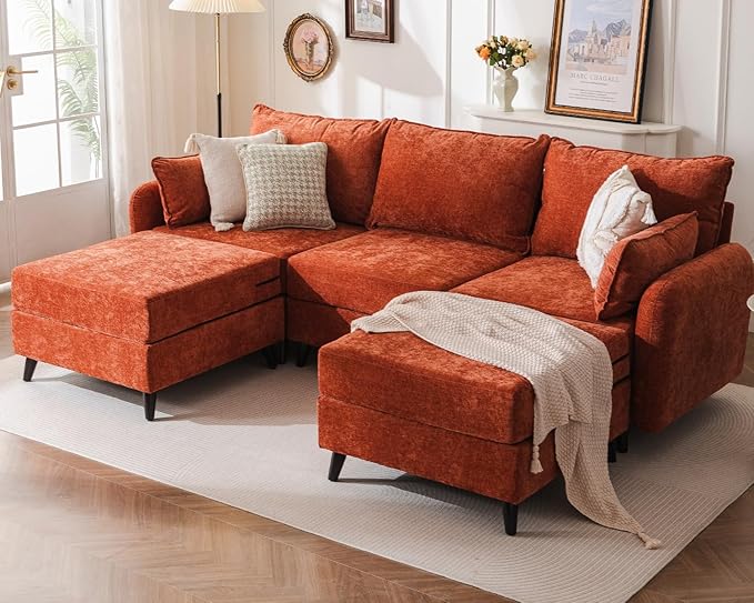 104'' Modular Sectional Sofa with All Seats Storage, Oversized U Shaped Couch for Living Room,3-Seater Comfy Cloud Couches with Movable Ottoman,Big Sectional for Bedroom,Velet,Orange