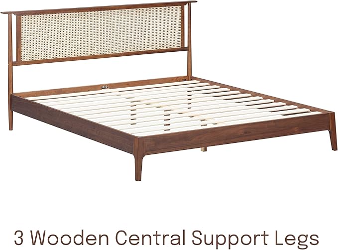 NTC Ruby Wooden Bed Frame with Headboard and Natural Rattan, Solid Oak/Rubber Wood Foundation with Silent Slats, 1000 Lb Capacity, Effortless Assembly (Natural Cane - Dark Walnut, Queen)