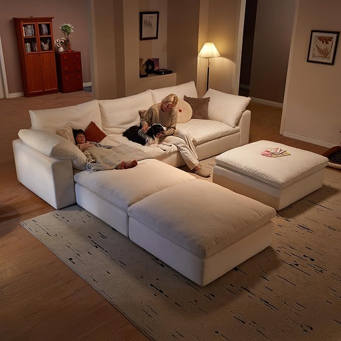 Modular Cloud Sofa, 141.7" Cloud Sectional Couches with Deep Seat, L-Shape 4-Seat Couch with Ottoman for Living Room, Modern Comfy Couch with Washable Cover, Wide Armrest (White,1 Ottoman)