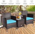 COSTWAY 3 PCS Patio Furniture Set, Outdoor Wicker Conversation Set with Tempered Glass Coffee Table, Seat Cushions, Rattan Wicker Chairs for Poolside Balcony Porch Backyard, Blue