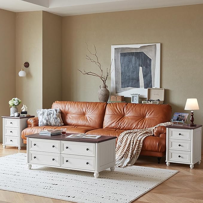 Farmhouse Dressers and Night Stand Set of 3, Wood 43.5'' Tall Dresser and 18'' Wide Chest of Drawers, Roman Column Nightstand Set of 2, Bedroom Furniture Dresser Suites for Living Room, Hallway, Home