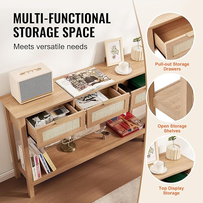 VEVOR Rattan Console Table, Entryway Table with 3 Storage Drawers, Hallway Table with Natural Rattan Sliding Door, Console Sofa Table for Living Room, Study, Entryway Or TV Wall, Natural