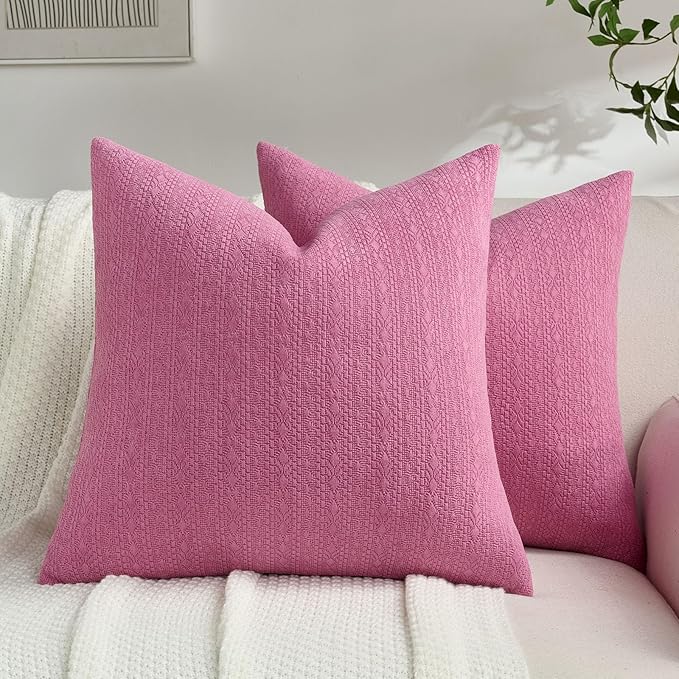 FUTEI Hot Pink Chenille Throw Pillow Covers 16x16 Inch Set of 2,Soft Striped & Diamond Textured Cushion Cases,Modern Home Decor for Couch Living Room